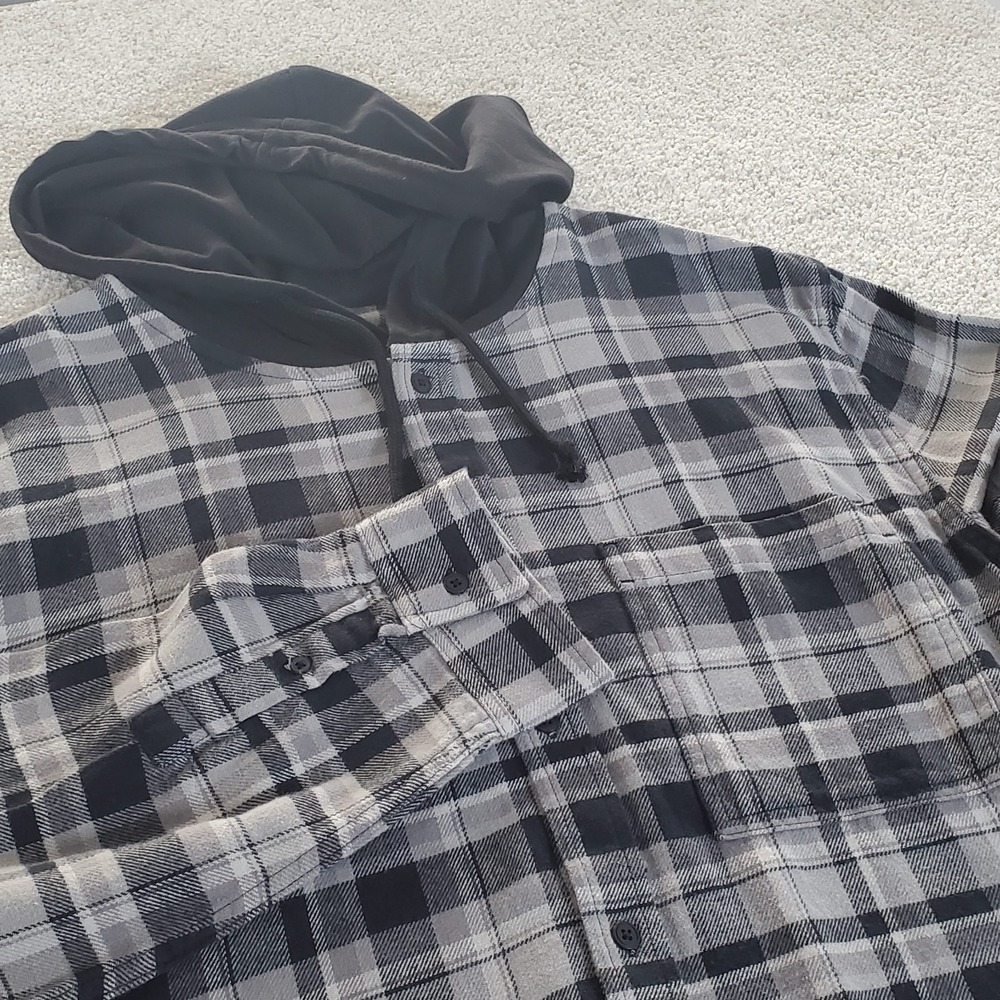 Edgar + Ash Men's Button Up Flannel Shirt With Jersey Hood SZ XL Black Plaid